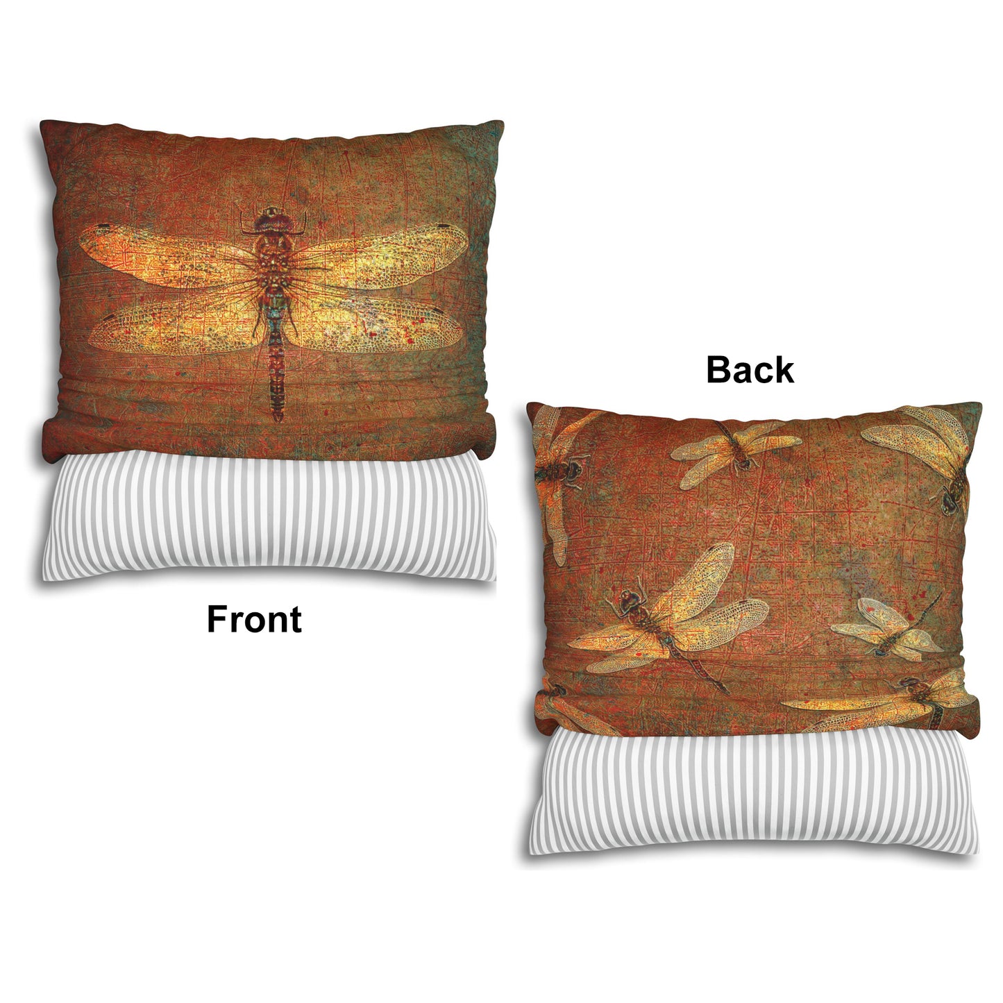 Dragonfly Themed Replacement Pillow Cover, Golden Dragonflies on Orange and Green Background Print front and back