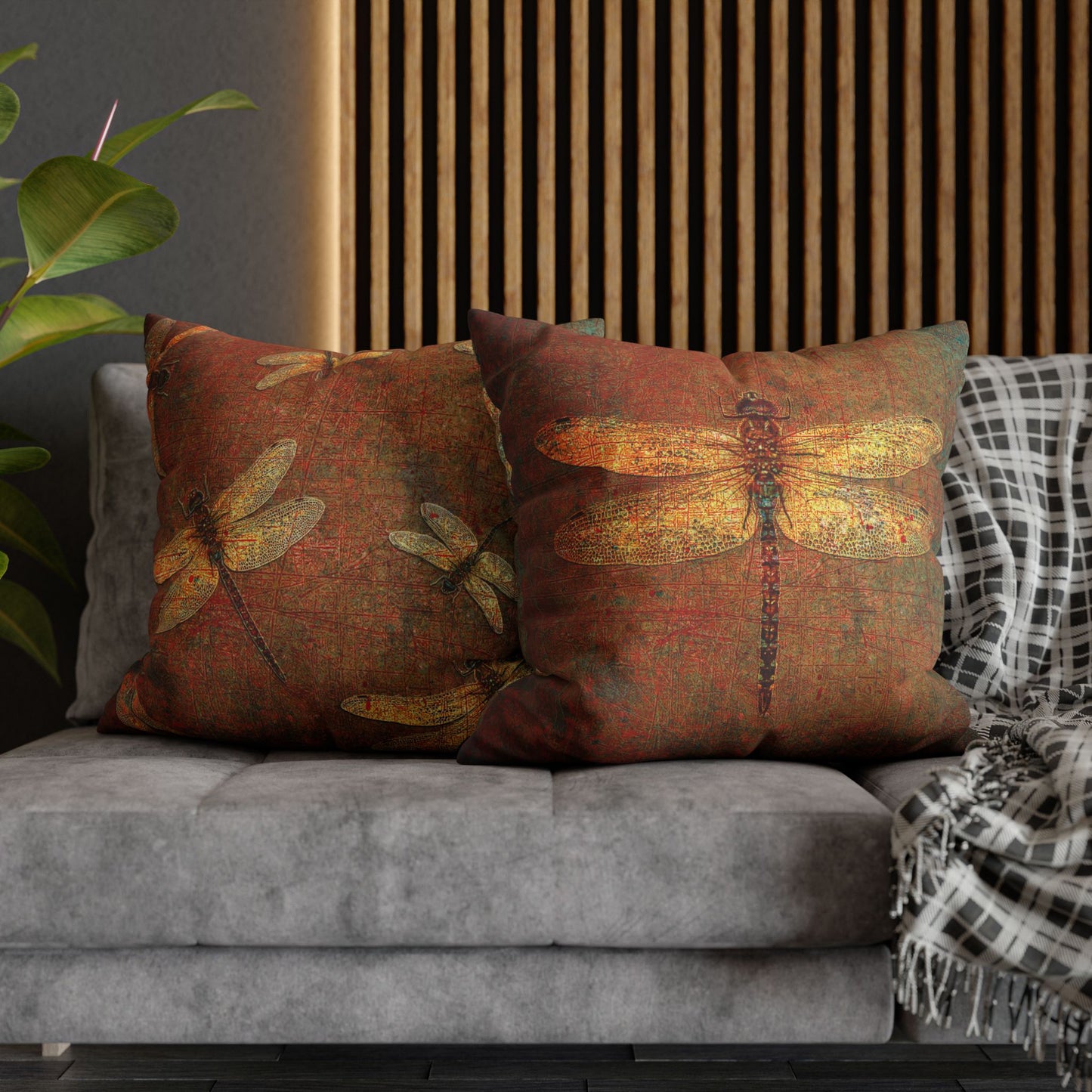 Dragonfly Themed Replacement Pillow Cover, Golden Dragonflies on Orange and Green Background Print front and back stuff on sofa
