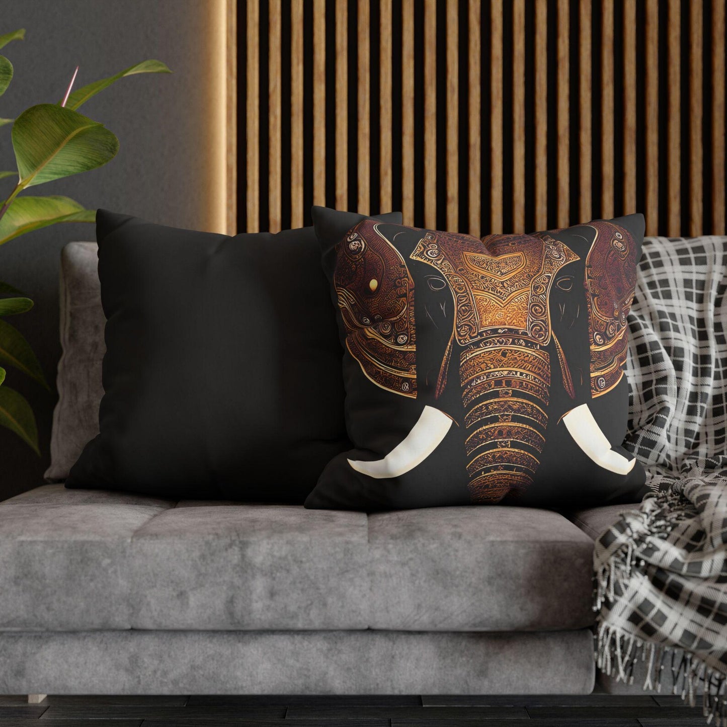 Indian Elephant Head With Parade Colors on Black Background Replacement Cover for Pillow front and back on sofa