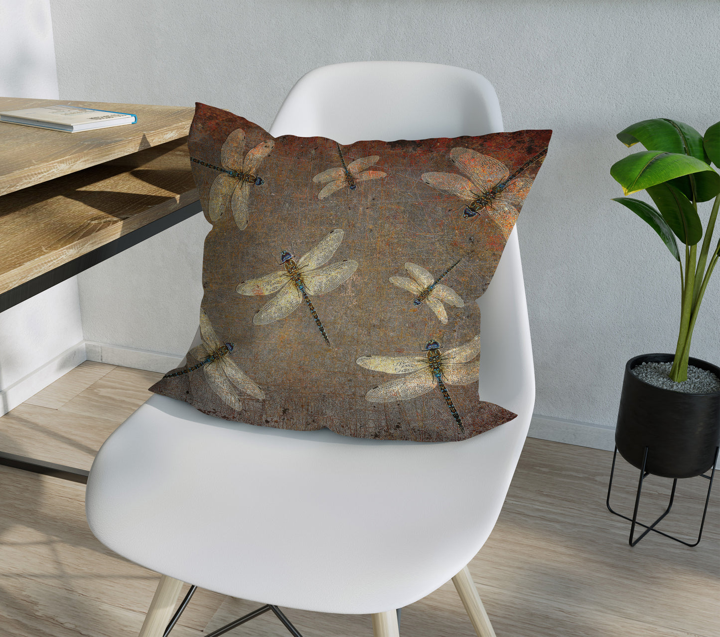 Large Throw Pillow Silver Dragonflies on Distressed Background Print on white chair