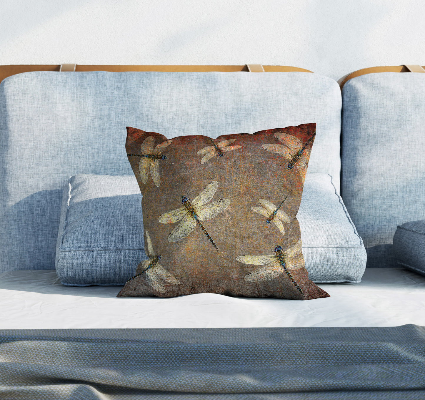 Large Throw Pillow Silver Dragonflies on Distressed Background Print on blue sofa