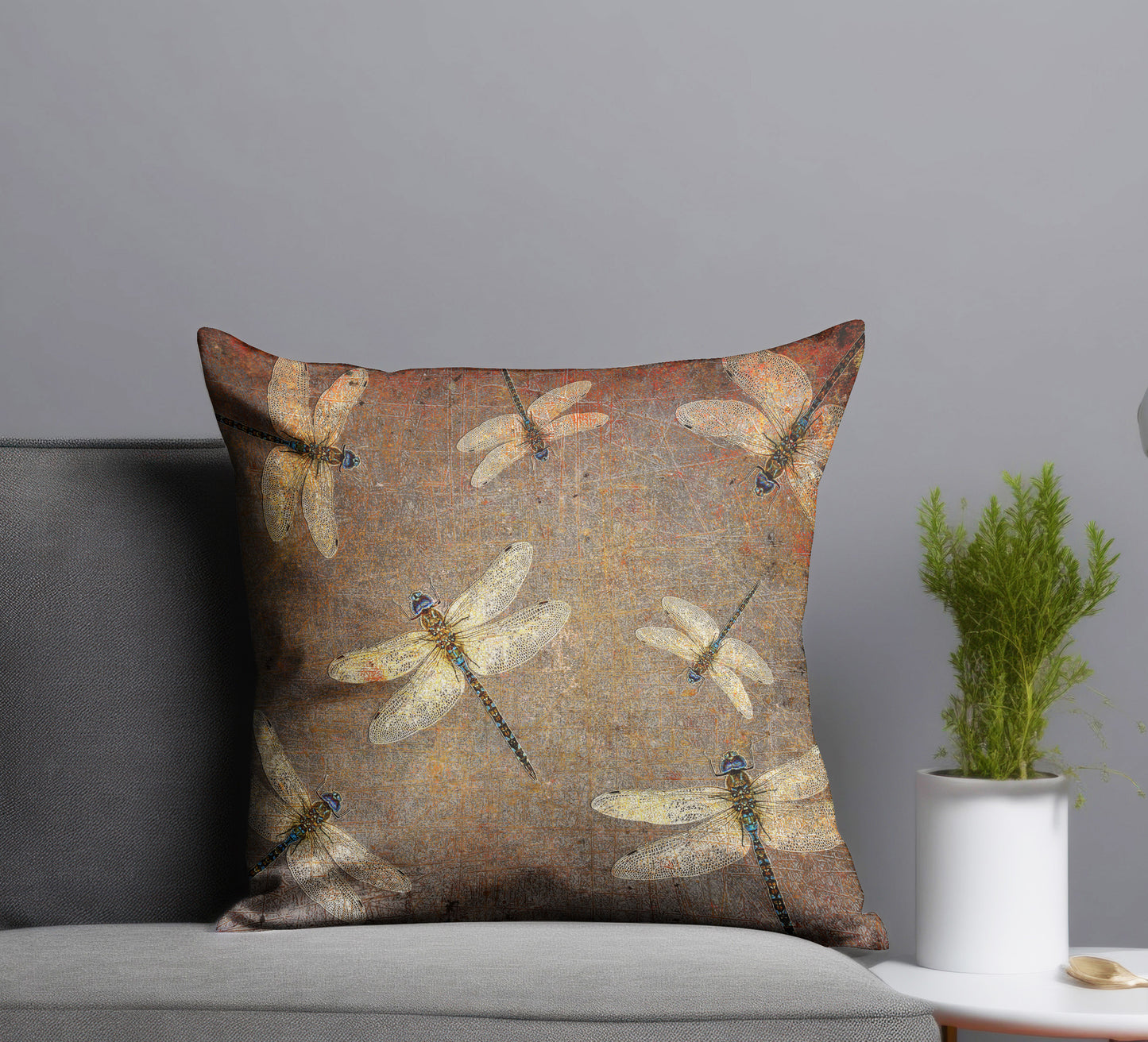 Large Throw Pillow Silver Dragonflies on Distressed Background Print on sofa