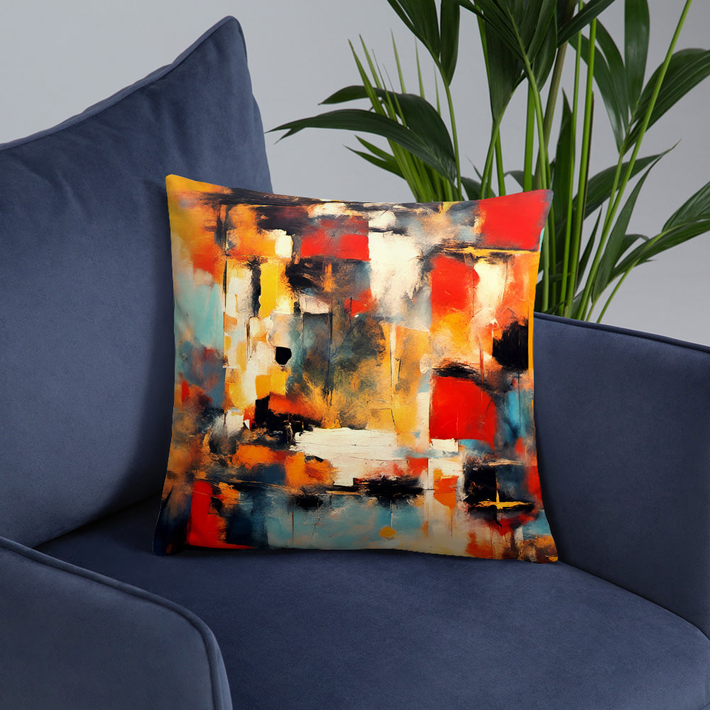 Modern Art Themed Throw Pillow, Multicolor Patches Print on Polyester Square Pillow back on blue armchair