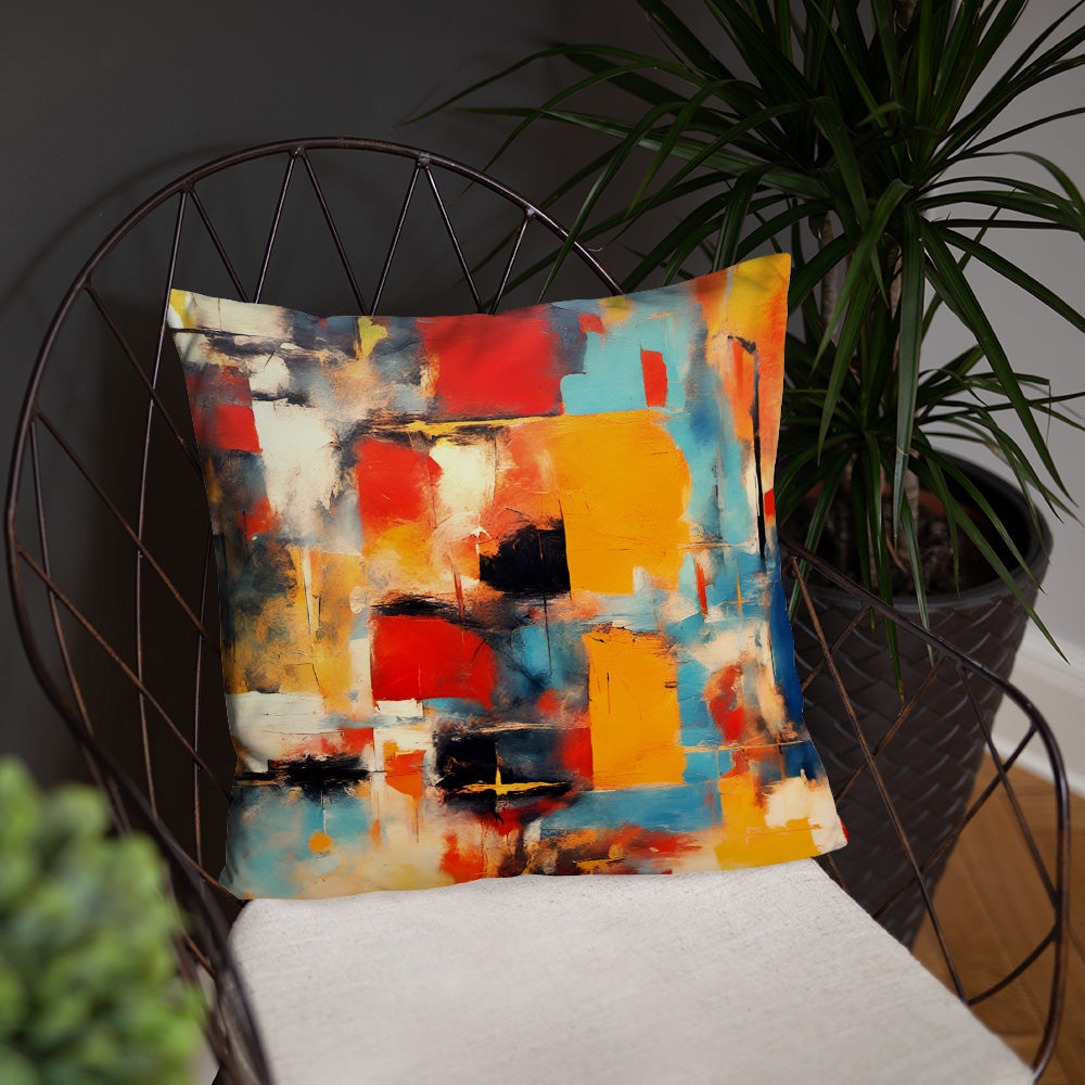 Modern Art Themed Throw Pillow, Multicolor Patches Print on Polyester Square Pillow front on chair