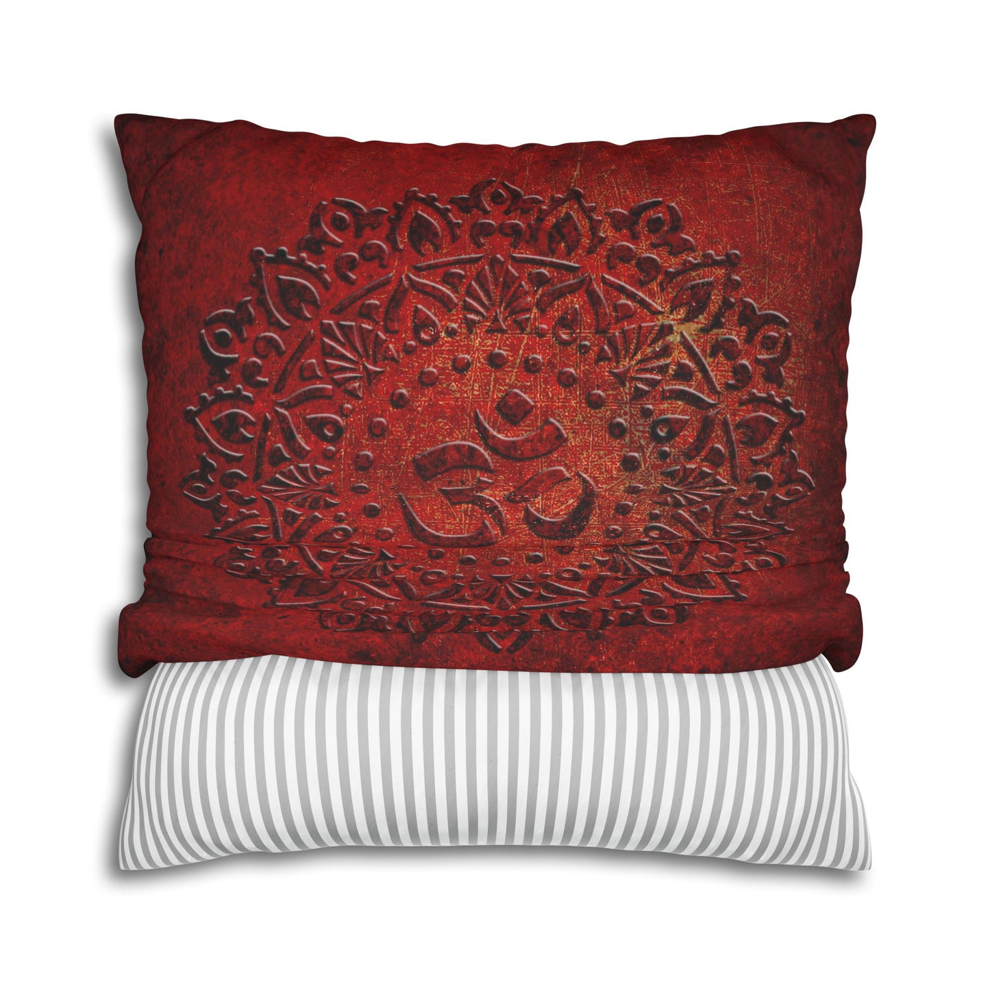 Om Symbol Mandala Style Print on Lava Red Background replacement Pillow Cover front