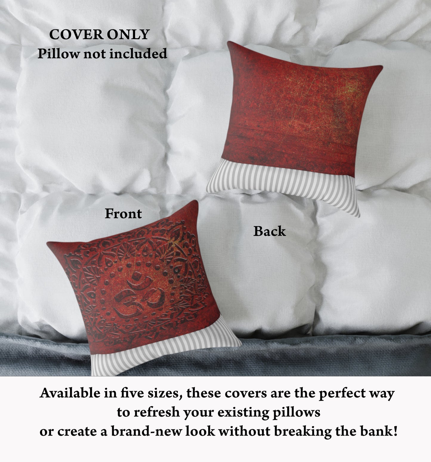 Om Symbol Mandala Style Print on Lava Red Background replacement Pillow Cover front and back on bed