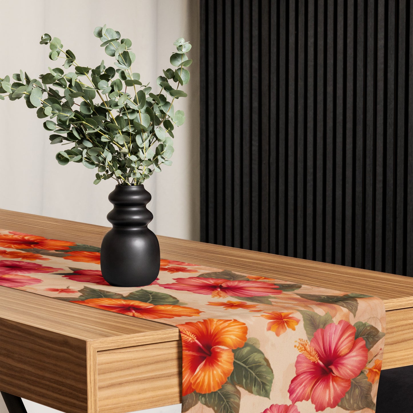 Pink and Orange Hibiscus Flowers Print Table Runner with vase