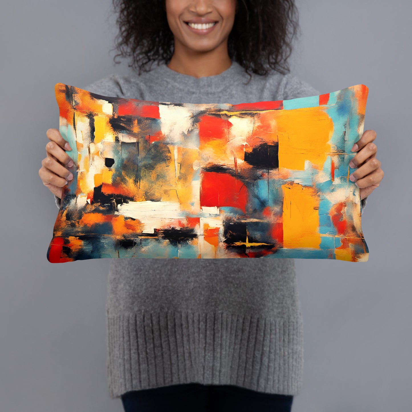 Premium Modern Art Themed Lumbar Pillow 20x12 Color Patches Print held