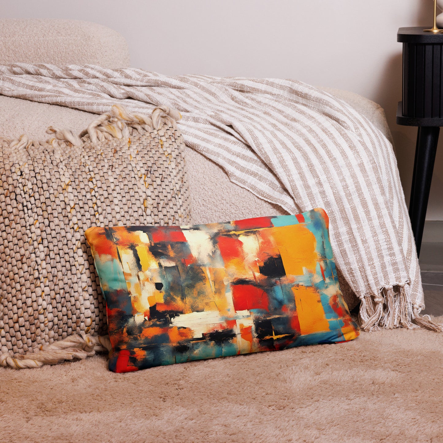 Premium Modern Art Themed Lumbar Pillow 20x12 Color Patches Print on floor