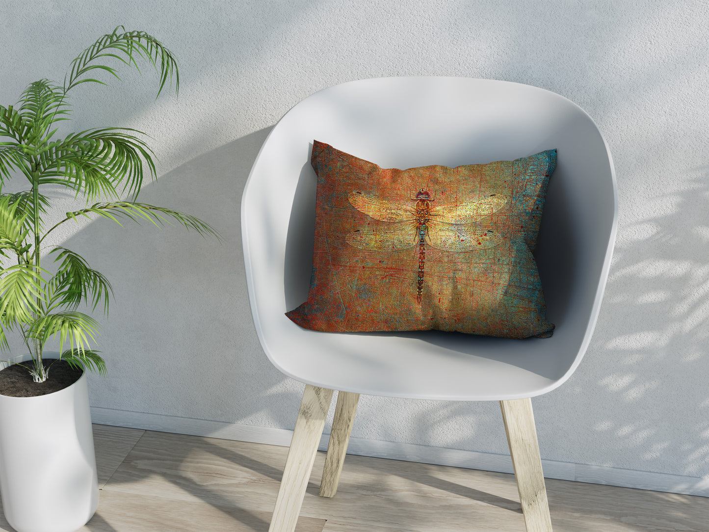 Double Sided Rectangular Throw Pillow Golden Dragonfly on Distressed Brown Background Print front on chair