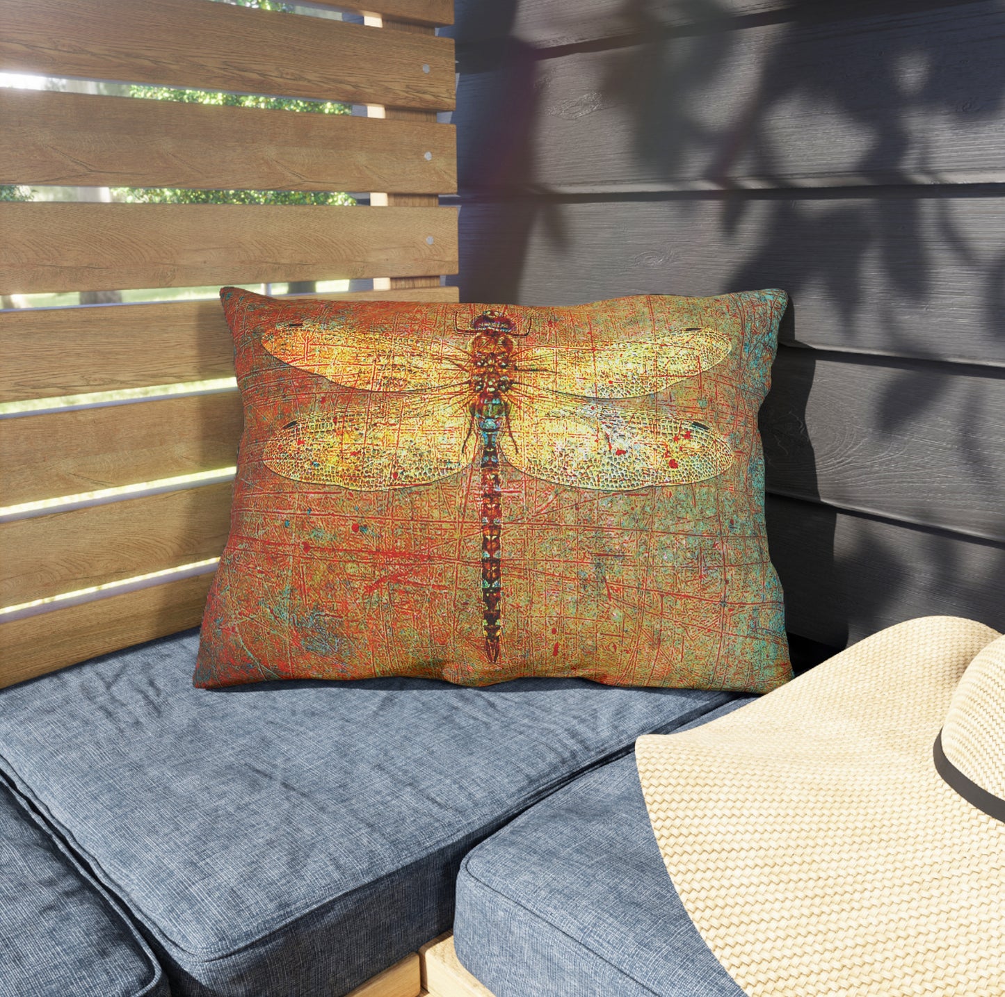Rectangular Outdoor Pillows Golden Dragonfly on Distressed Orange Background on patio front View