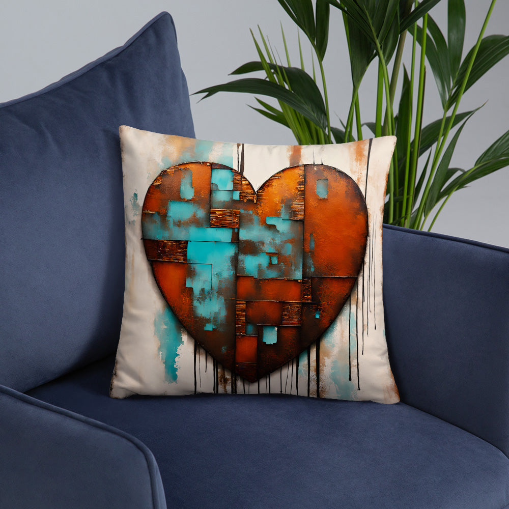 Rusted Love Print Throw Pillow on blue armchair