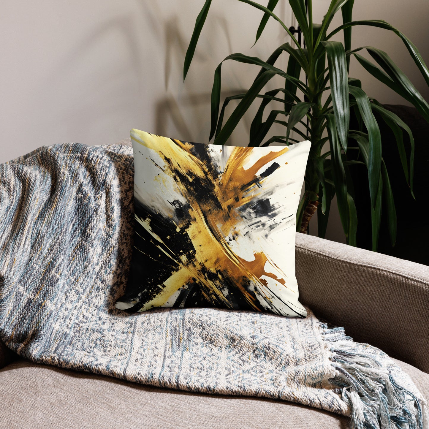Splashing Gold Print Throw Pillow back side on gray sofa