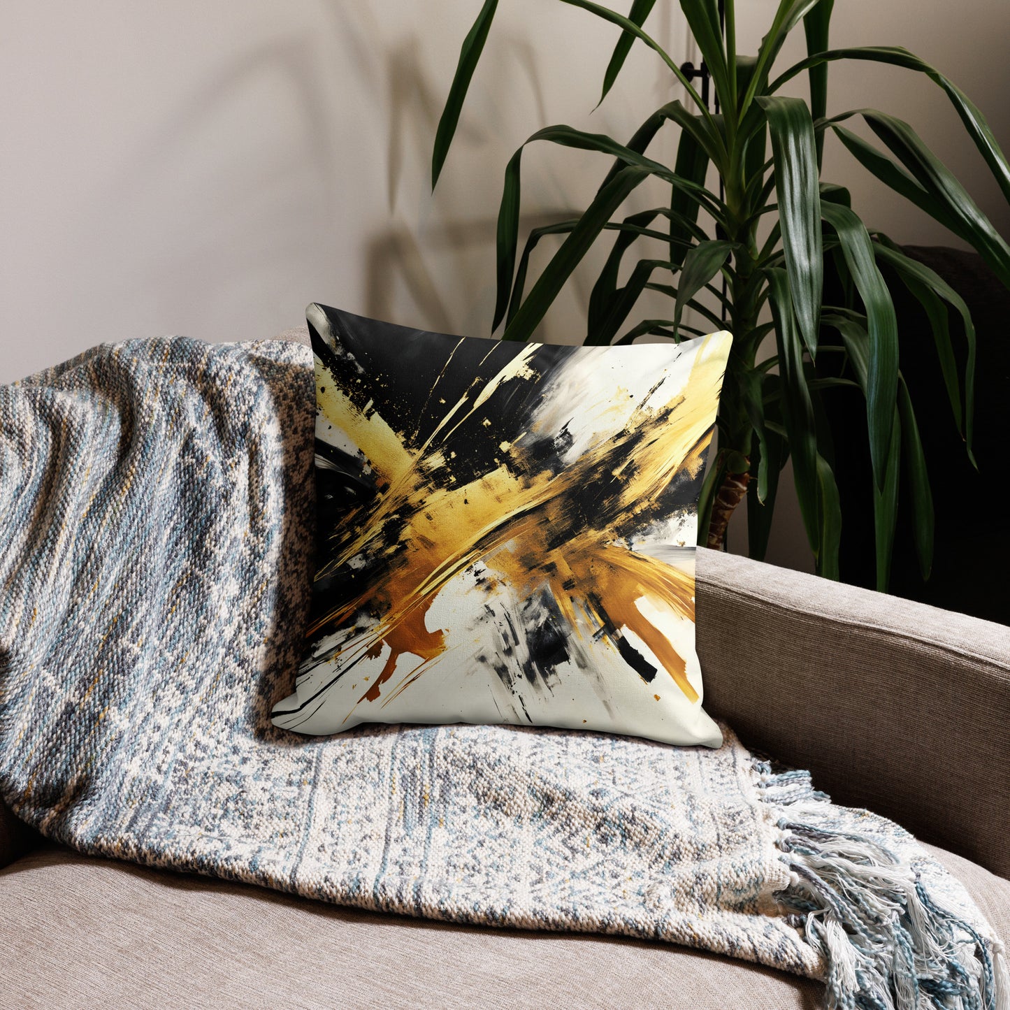Splashing Gold Print Throw Pillow front side on gray sofa
