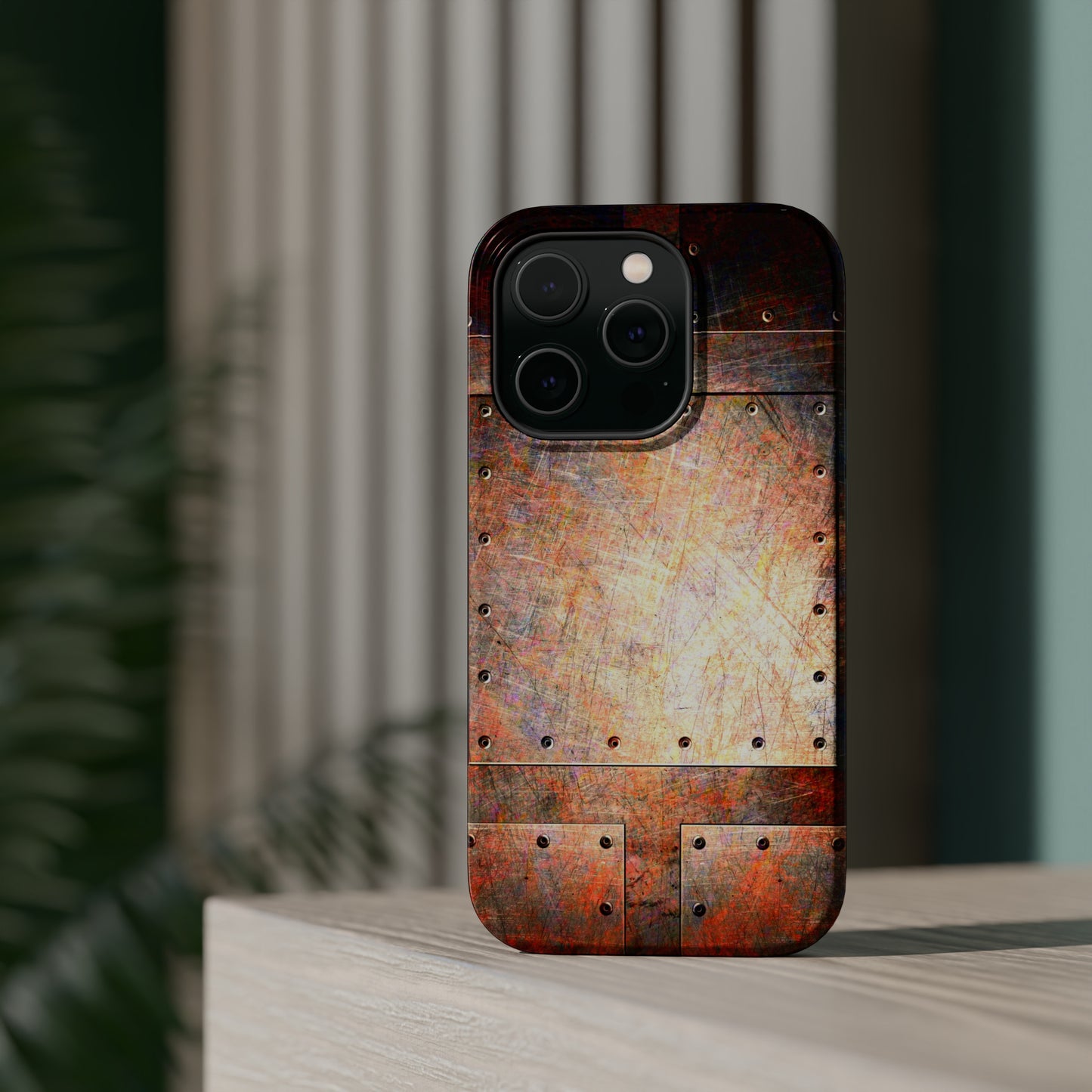 Steampunk Themed Mag Safe Tough Cases for iPhones 13 and 14 - Distressed Riveted Metal Plates Print
