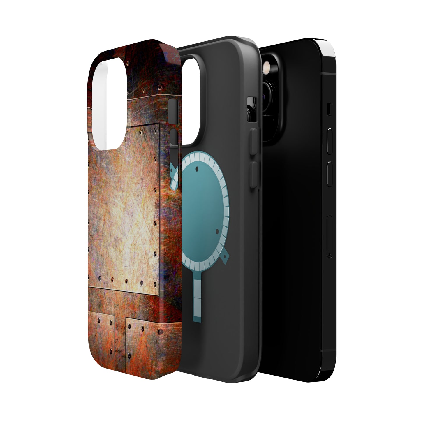 Steampunk Themed Mag Safe Tough Cases for iPhones 13 and 14 - Distressed Riveted Metal Plates Print