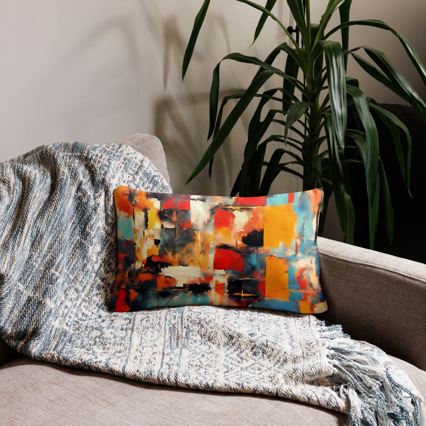 Premium Modern Art Themed Lumbar Pillow 20x12 Color Patches Print on sofa
