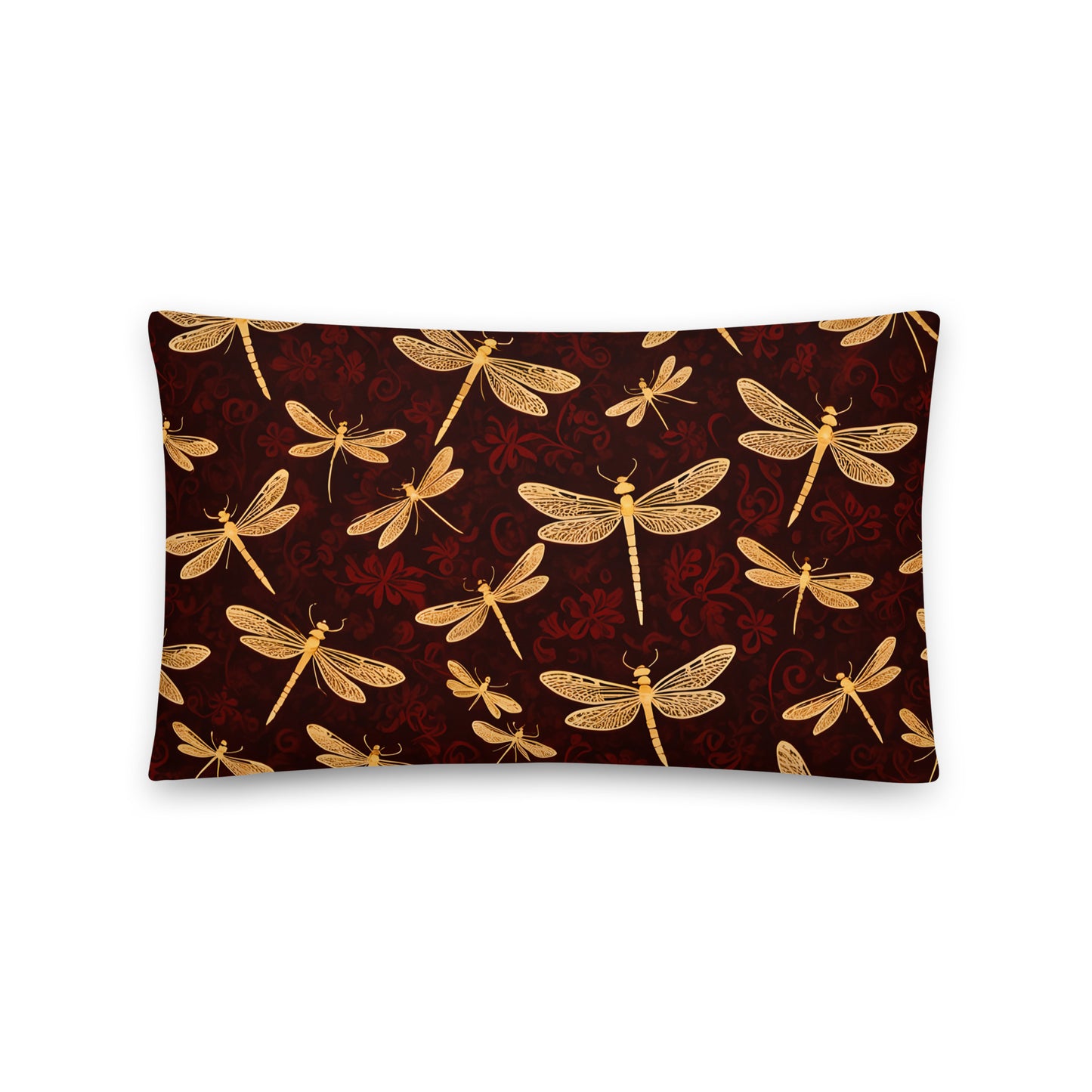 Premium Dragonfly Themed Lumbar Pillow 20x12, Flight on Golden Dragonflies on Velvet Red Background