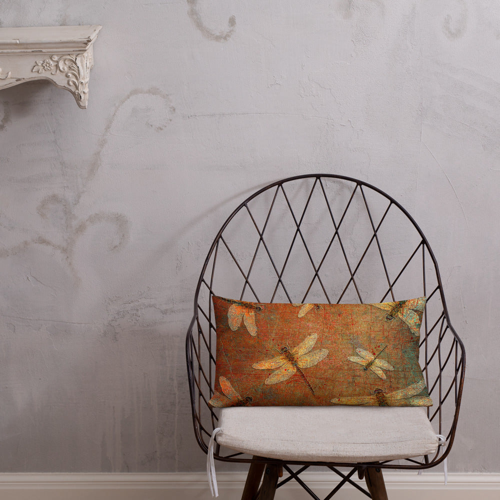 Double Sided Dragonflies Themed Premium Lumbar Pillow 20x12 - Golden Dragonflies on Orange and Green Background Back on Chair