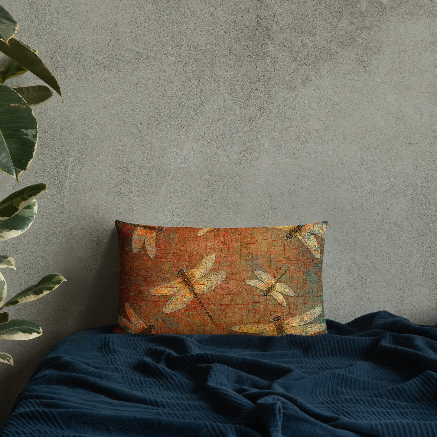 Double Sided Dragonflies Themed Premium Lumbar Pillow 20x12 - Golden Dragonflies on Orange and Green Background Back on blue bed