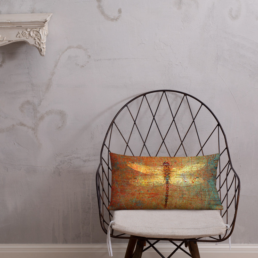 Double Sided Dragonflies Themed Premium Lumbar Pillow 20x12 - Golden Dragonflies on Orange and Green Background Front on Chair