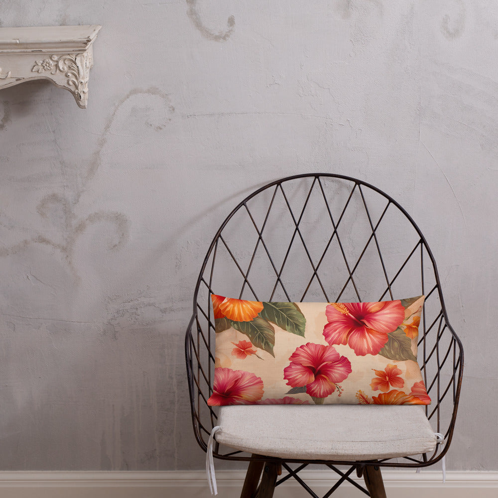 Premium Tropical Themed Lumbar Pillow 20x12 Pink and Orange Hibiscus Flowers Print on metal chair