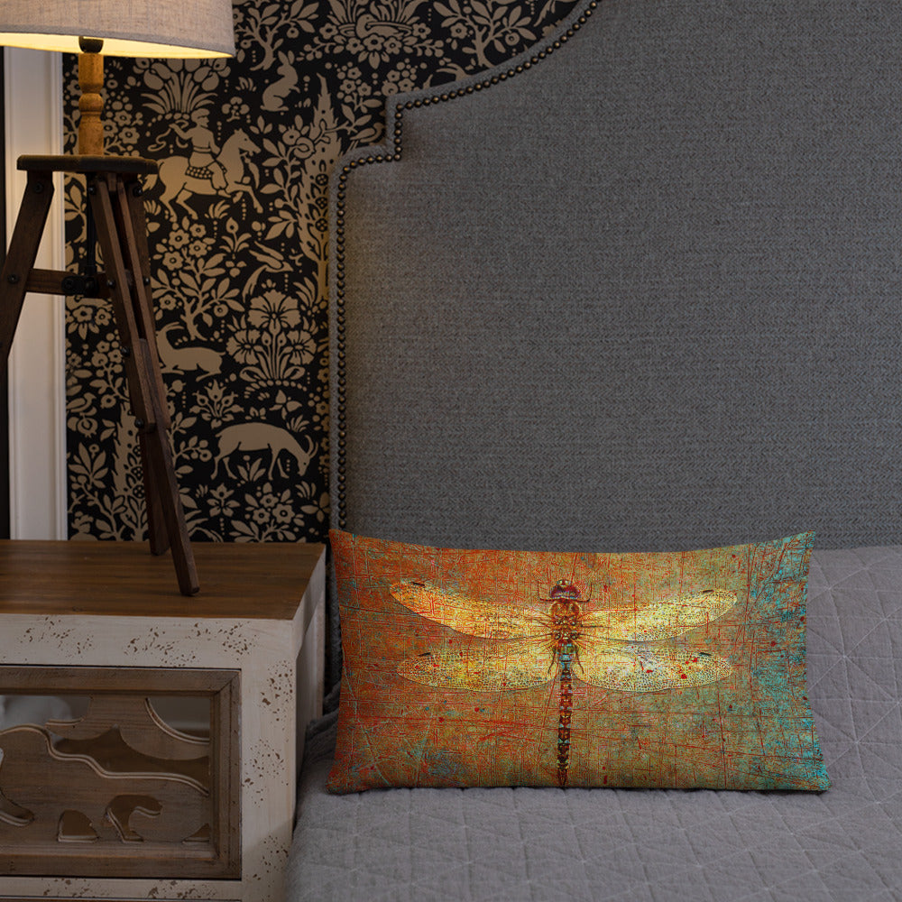 Double Sided Dragonflies Themed Premium Lumbar Pillow 20x12 - Golden Dragonflies on Orange and Green Background Front on bed