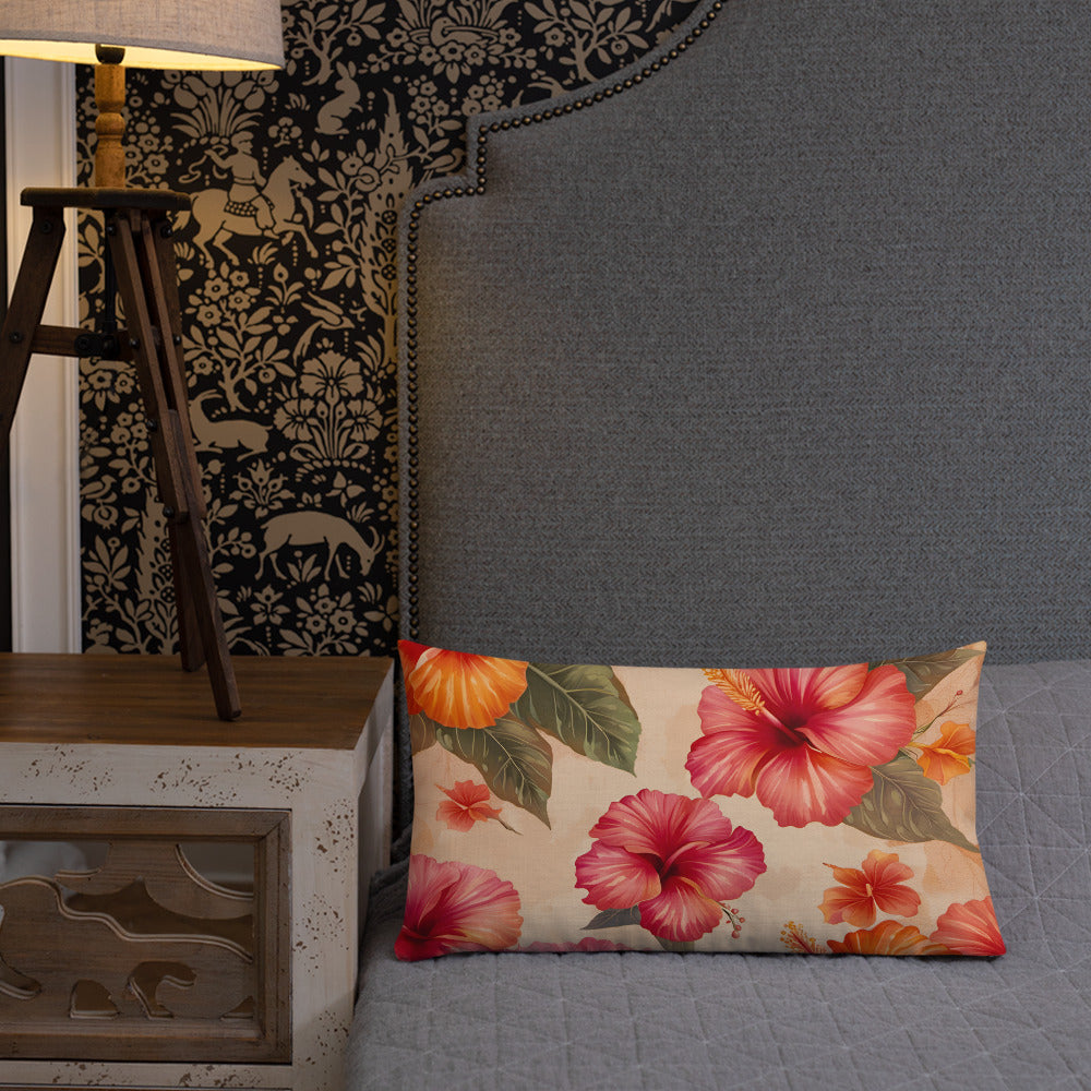 Premium Tropical Themed Lumbar Pillow 20x12 Pink and Orange Hibiscus Flowers Print against head board
