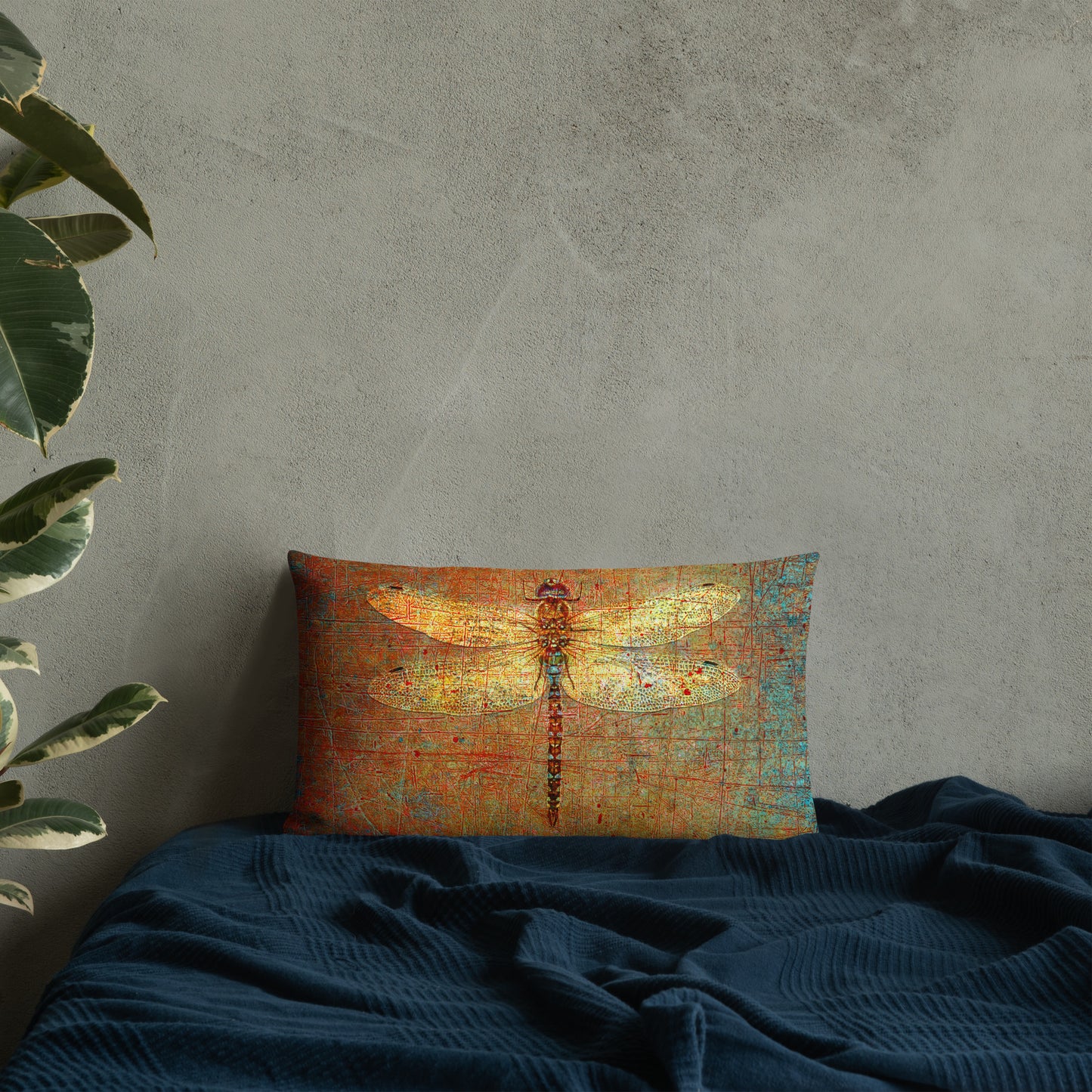 Double Sided Dragonflies Themed Premium Lumbar Pillow 20x12 - Golden Dragonflies on Orange and Green Background Print