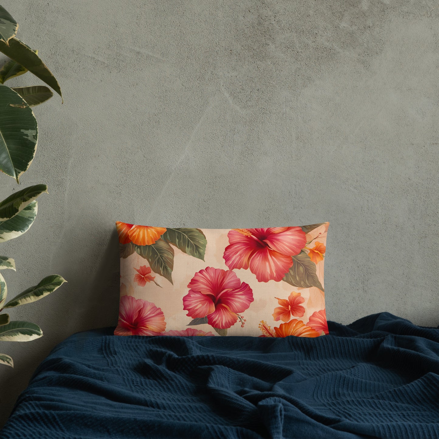 Premium Tropical Themed Lumbar Pillow 20x12 Pink and Orange Hibiscus Flowers Print against wall
