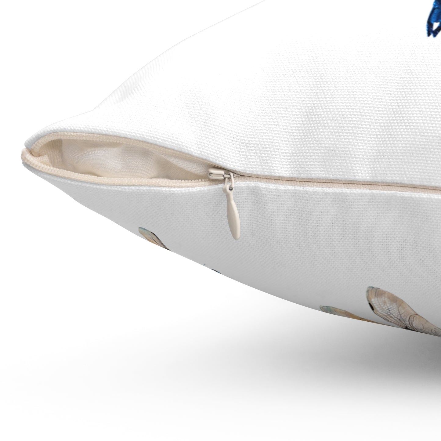 Double Sided Minimalist Square White Throw Pillow with Blue Dragonfly