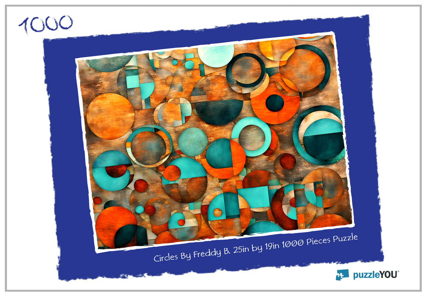 Jigsaw puzzle packaging with colorful circular pieces and 'puzzledYOU' branding.