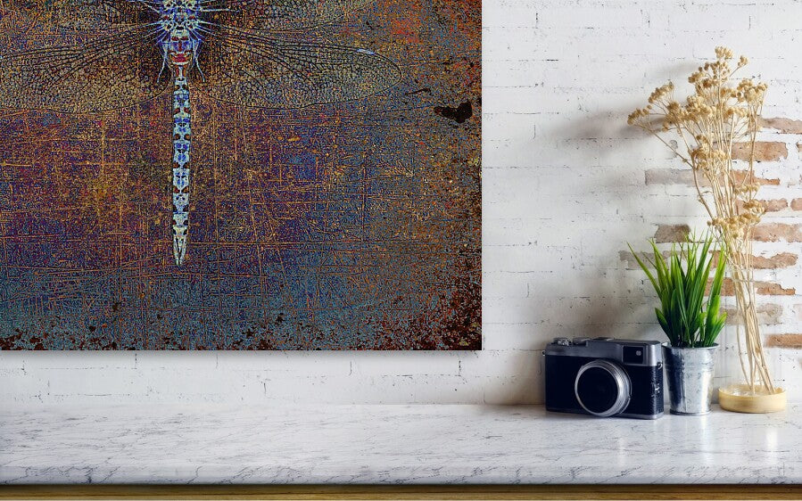Recycled metal wall art dragonfly on distressed orange and purple background print on upcycled aluminum close up
