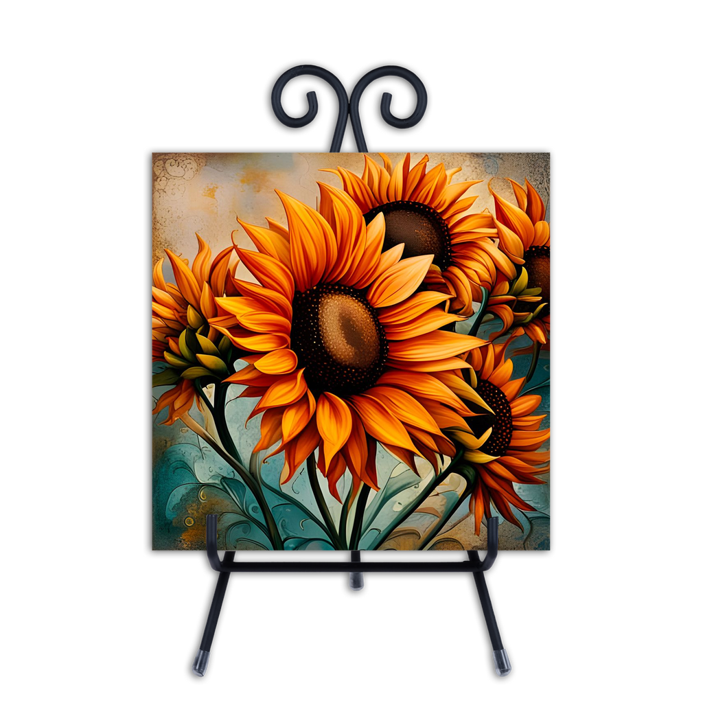 Sunflowers Print on a Ceramic Tile with a Metal Stand