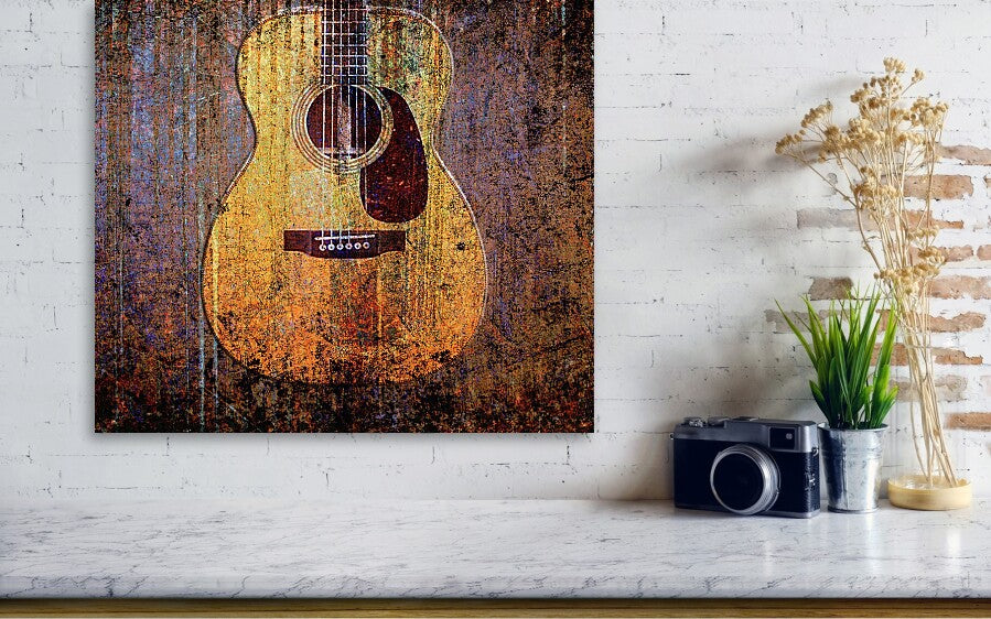 Guitar and music themed wall art acoustic guitar print on eco friendly recycled aluminum close up
