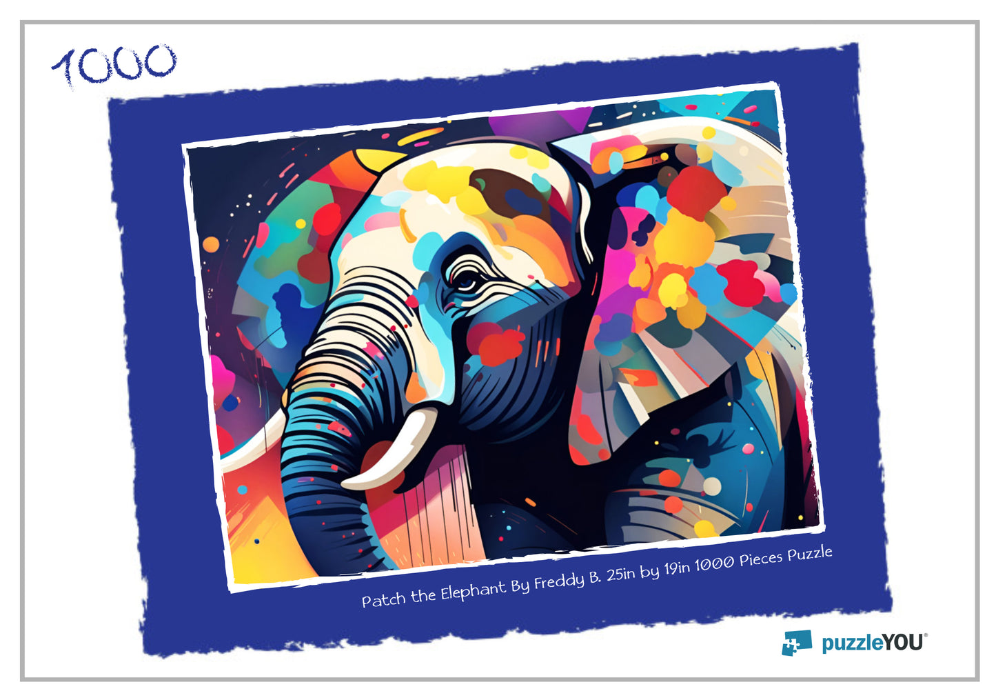 Colorful elephant puzzle packaging with 'puzzledYOU' branding