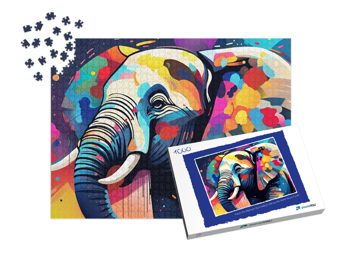 Colorful elephant puzzle with packaging on a white background