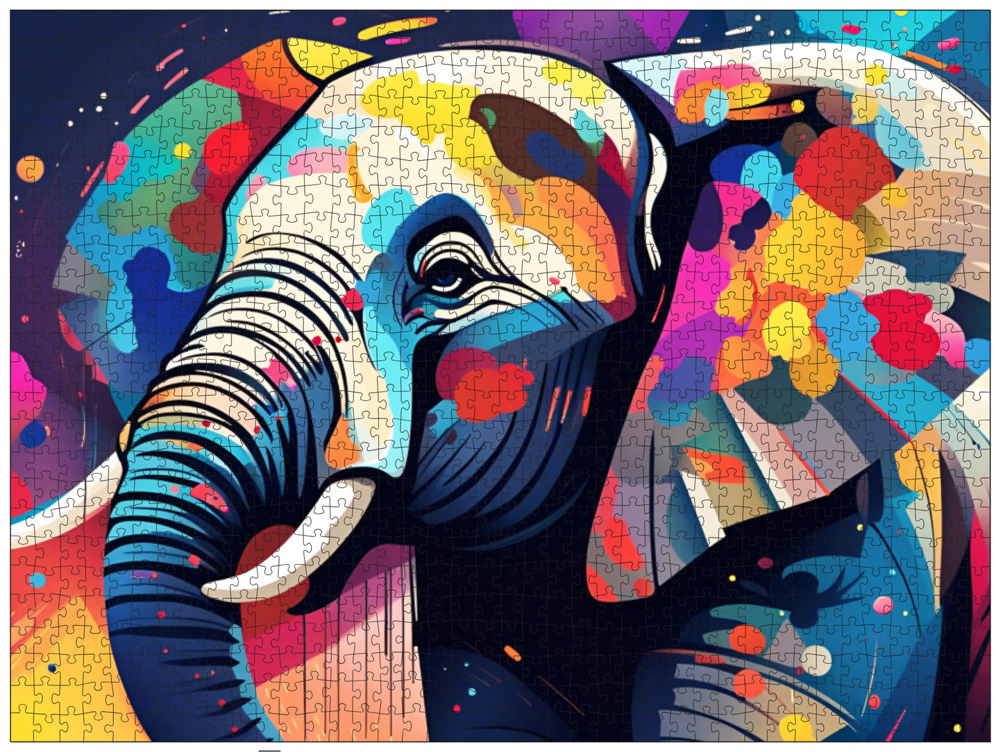 Colorful elephant illustration on a puzzle with abstract patterns