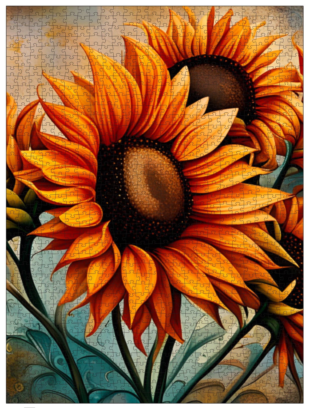 Jigsaw puzzle with sunflower design on a textured background
