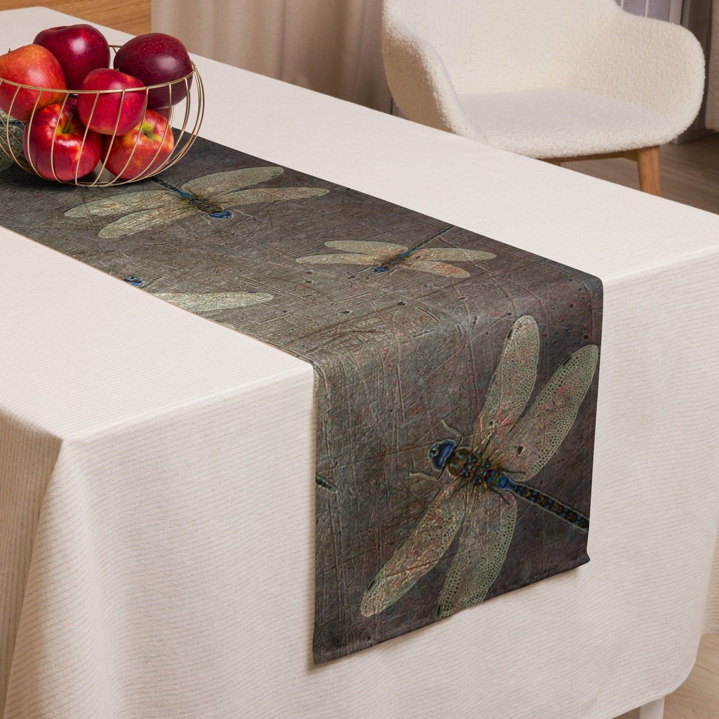 Flight of Dragonflies on Distressed Grey Background Elegant Table Runner