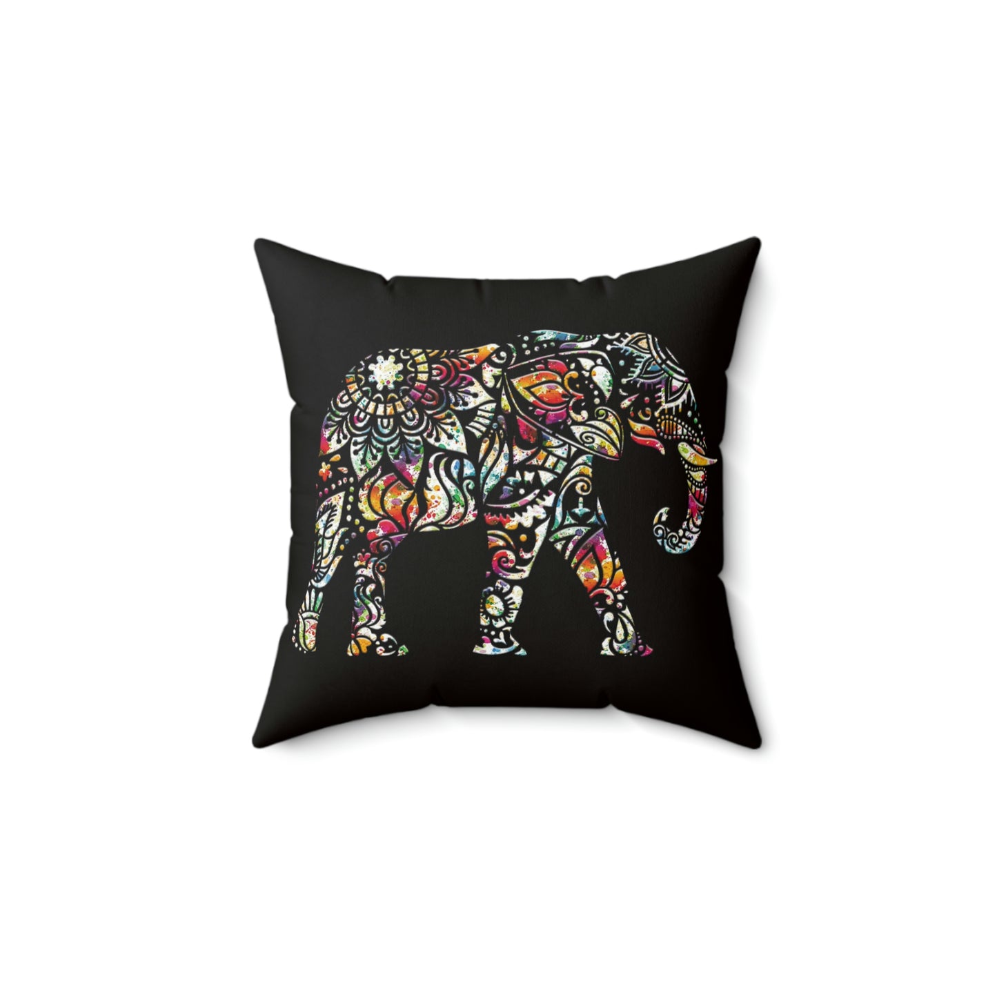Multicolor Indian Elephant Mandala Style on Black Background Spun Polyester Square Pillow back