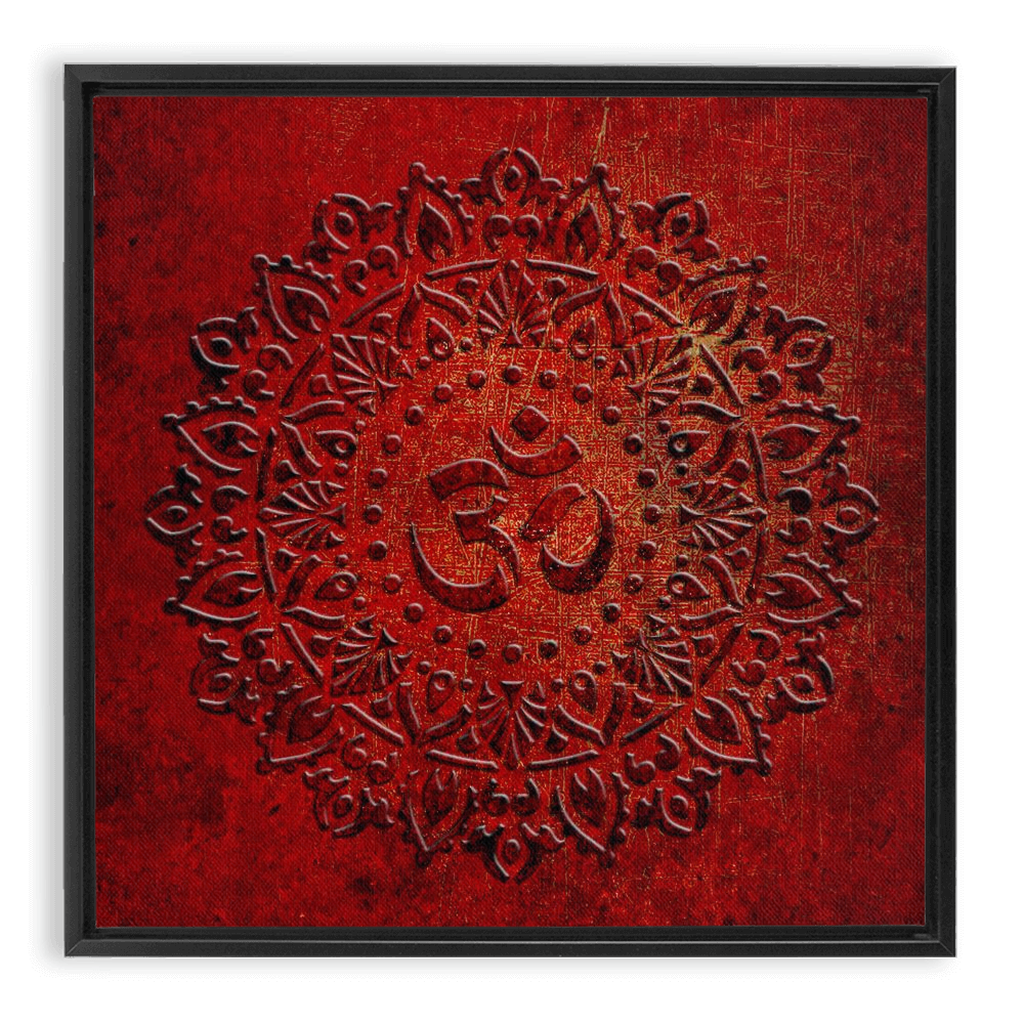 Om Symbol Mandala Style on Lava Red Background Printed on Canvas in a Floating Frame