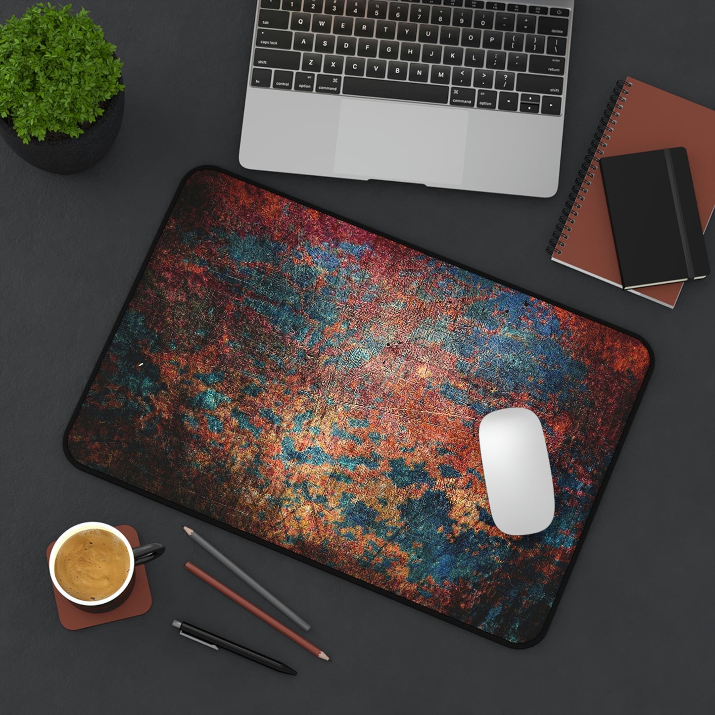 Modern Art Themed Desk Accessories - Rust on Metal Print on Neoprene Desk Mat 12 by 18 on desk