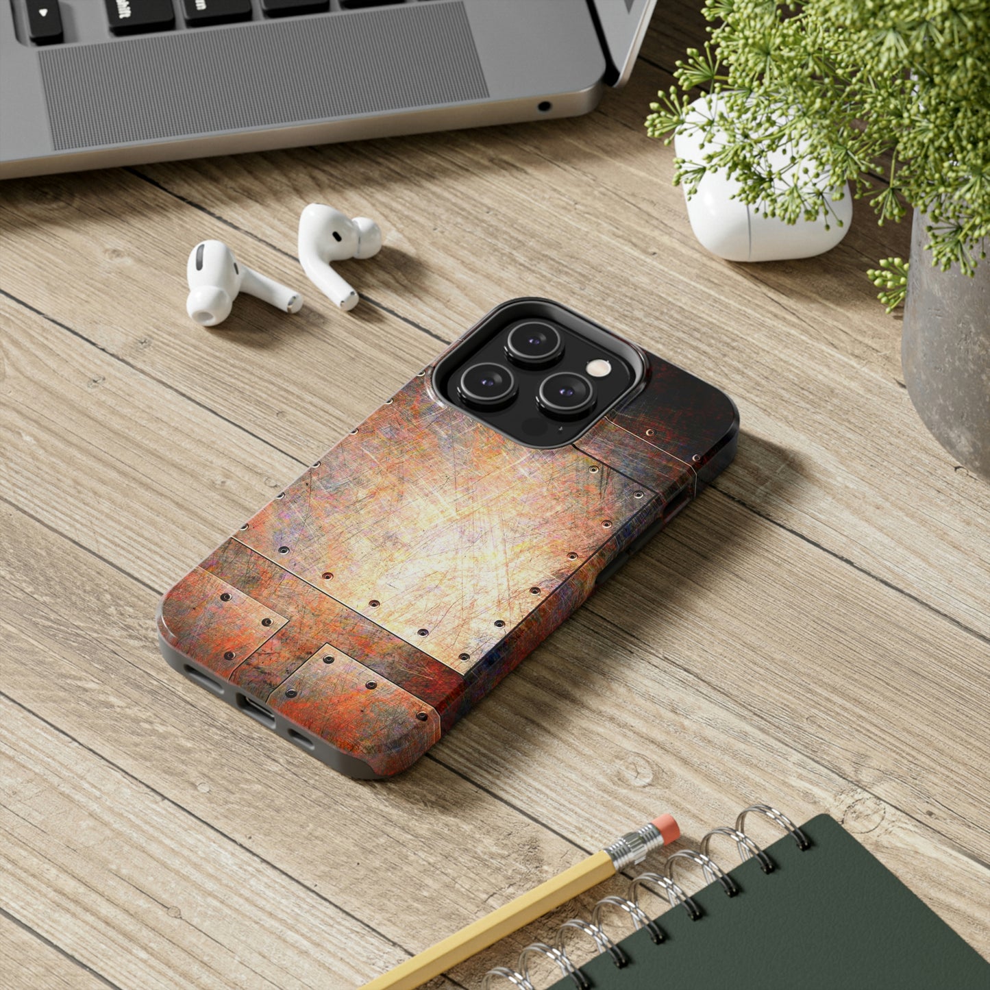 Steampunk Themed Tough Case for iPhone 14 - Rusted Riveted Metal Plates Print Phone Case for iPhone 14