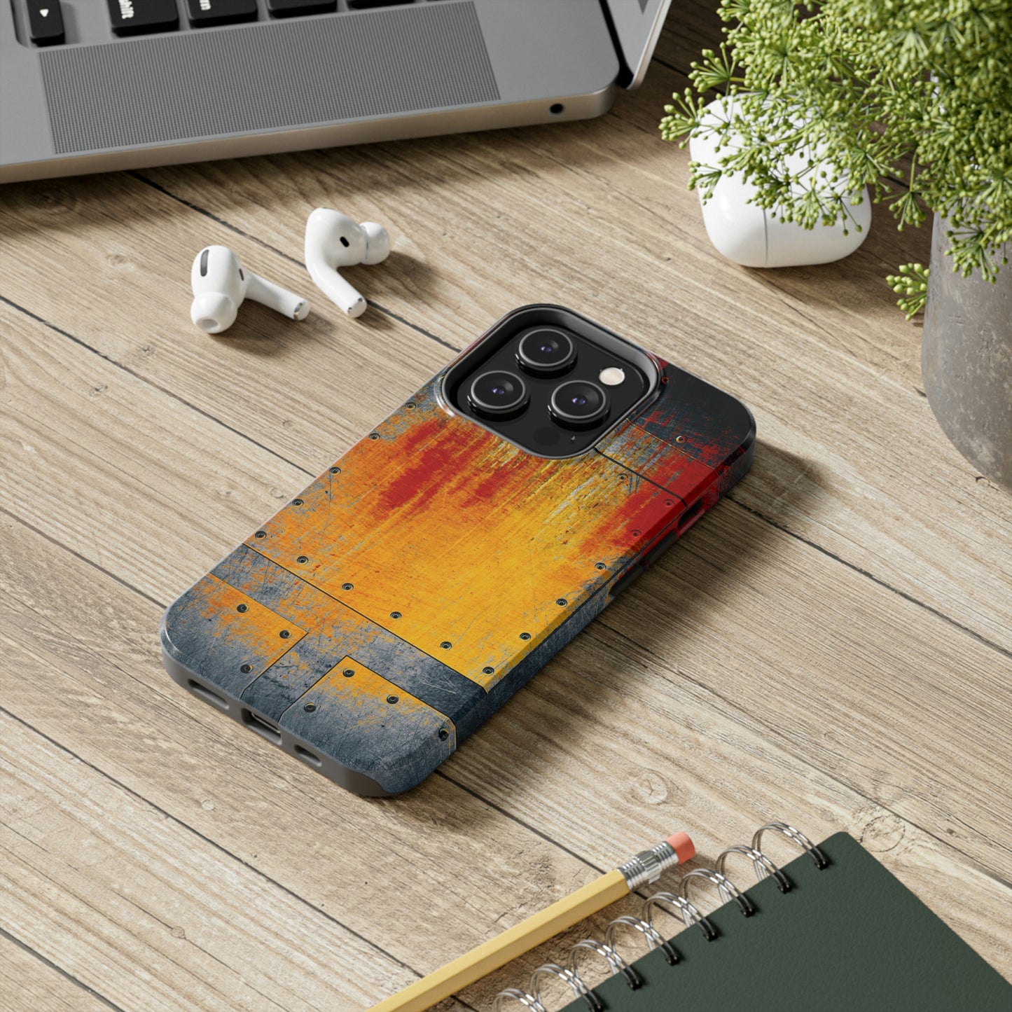 Steampunk Themed Tough Case for iPhone 14 - Rust and Paint on Riveted Metal Plate Print