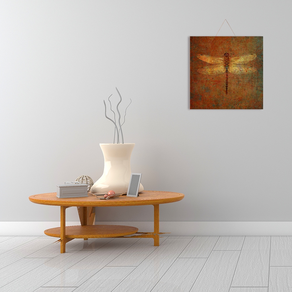 Dragonfly Wall Decor - Golden Dragonfly on Distressed Brown Background Print on Wooden Plaque 16"x16"