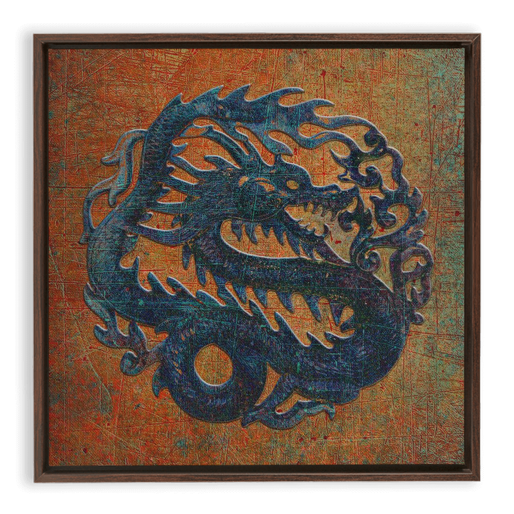 Blue Chinese Dragon on Distressed Stone Background Floating Frame Canvas