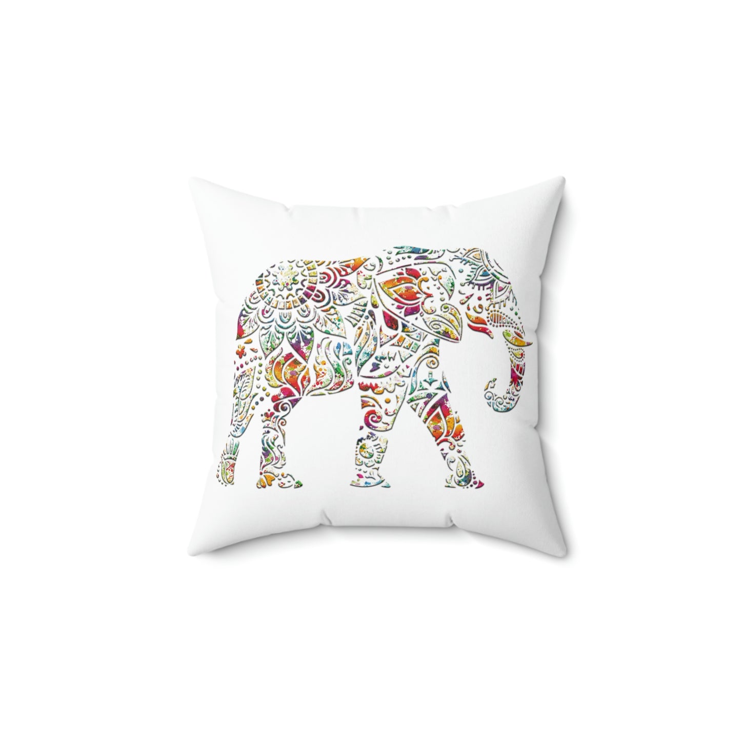 Multicolor Indian Elephant Mandala Style on White Background Spun Polyester Square Pillow 4 sizes available