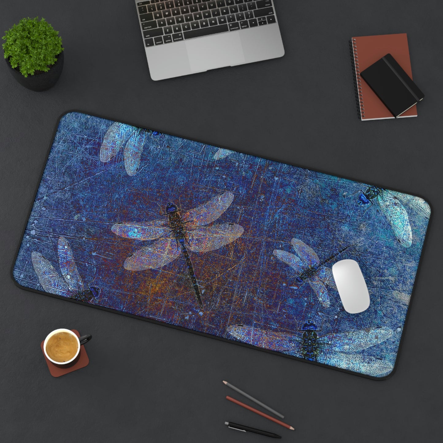 Dragonfly Desk Accessories - Flight of Dragonflies on Distressed Blue Background 15.5 by 31 on desk