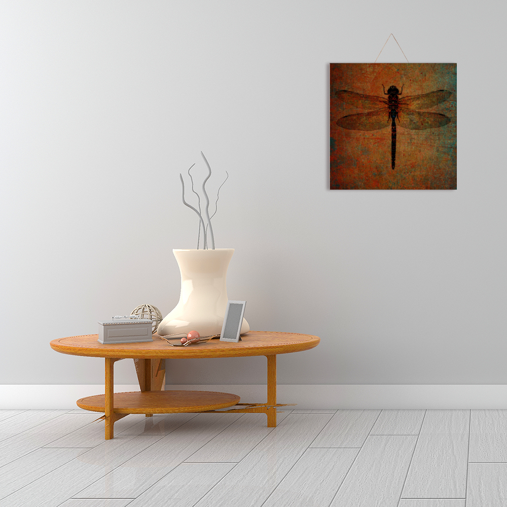 Dragonfly on Distressed Brown Background Print on Wooden Plaque hung above table